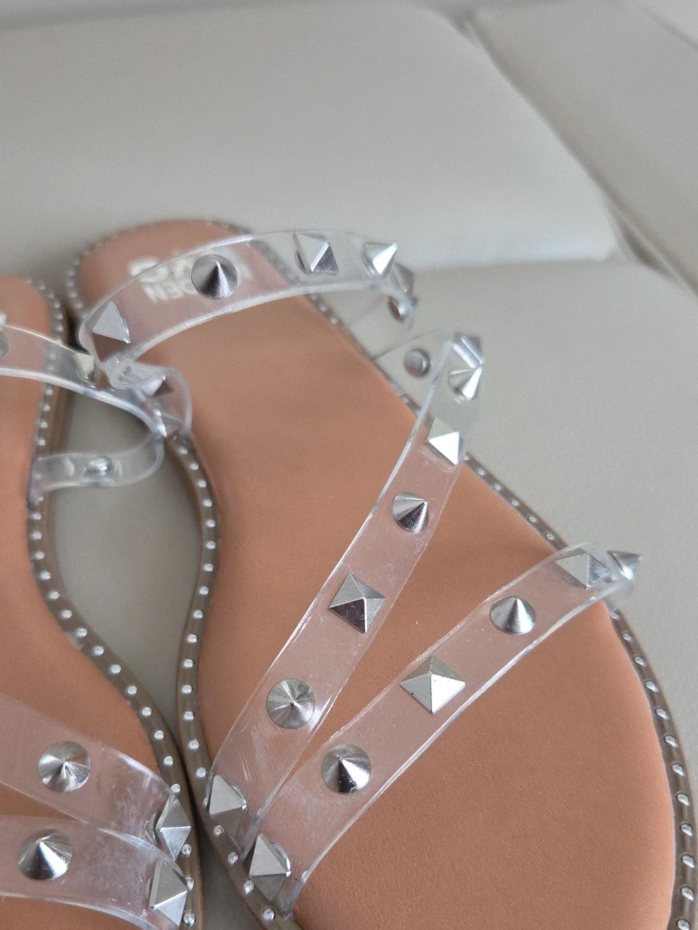 Steve Madden Clear Studded Slide Sandals in Tan